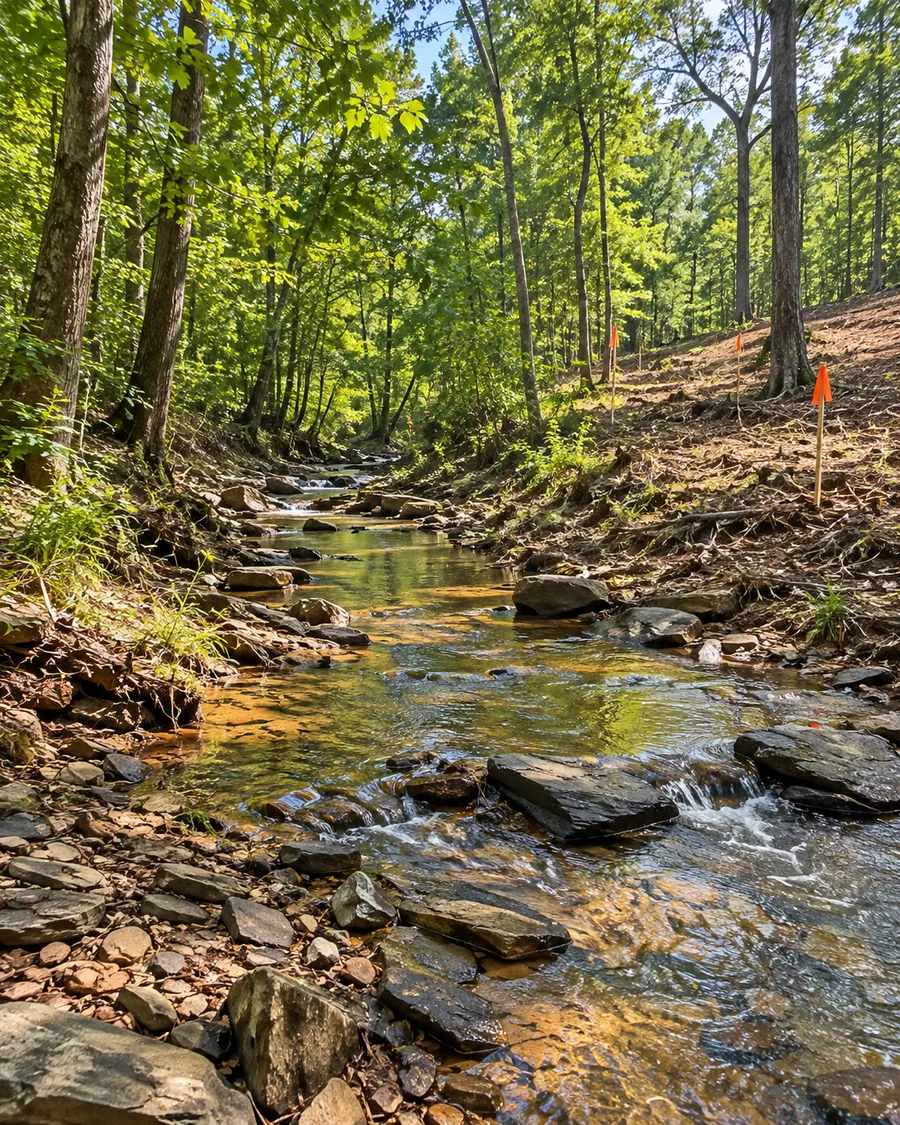 Clear creek over cobbles and slaty rock in a hardwood draw, with orange-flagged stakes set well back from the bank