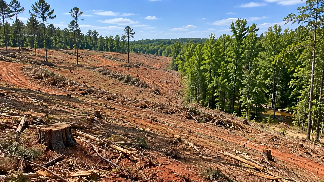 Rolling clearcut pine tract with stumps, slash windrows and red clay skid trails, with a stand of pines left at the edge