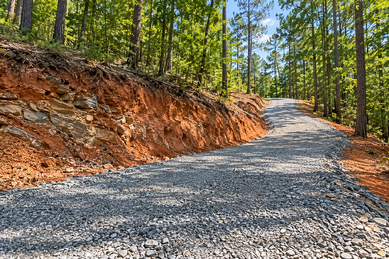 New gravel driveway curving up a wooded rise past a cut bank of red clay and mottled weathered slate