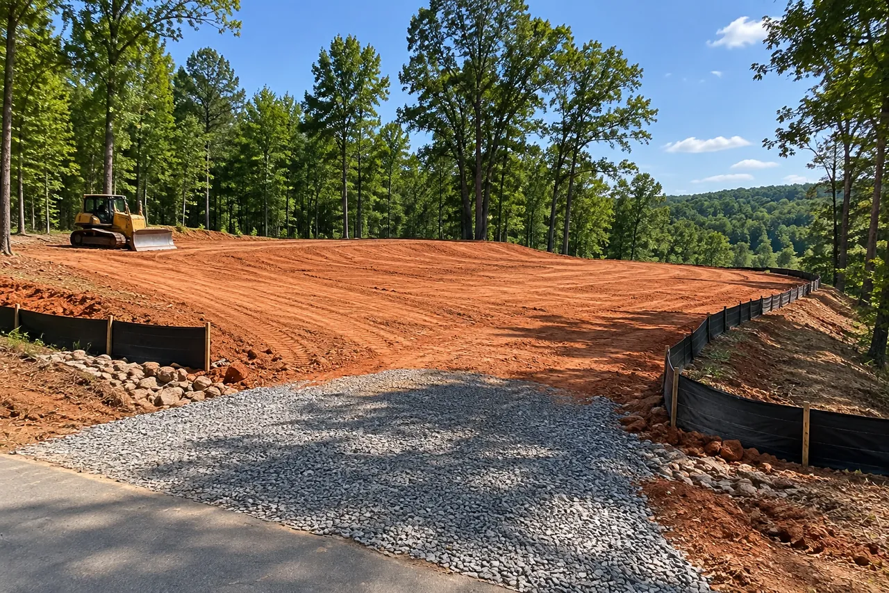 Freshly graded house site of red clay, black silt fence on the downhill side and a gravel entrance from a country road