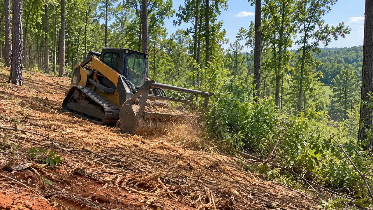 Forestry mulcher clearing understory brush on a wooded slope, leaving tall pines and oaks standing over fresh mulch