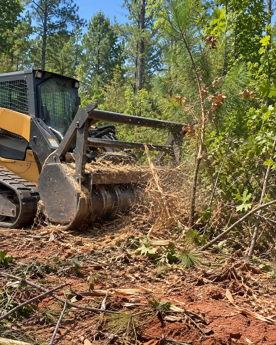 Close view of a mulching drum shredding a young sweetgum and pine, with red clay showing through the mulch