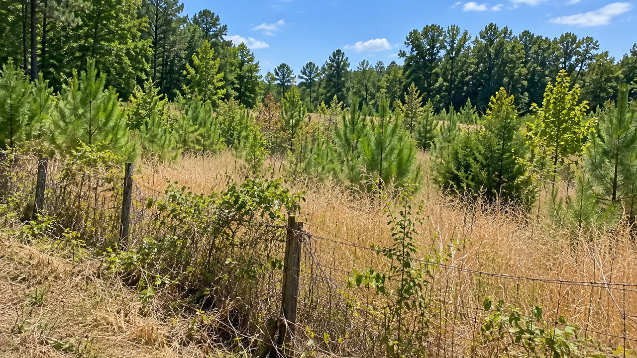 Old field of tan broomsedge grown up with young pines and saplings behind a sagging wire fence