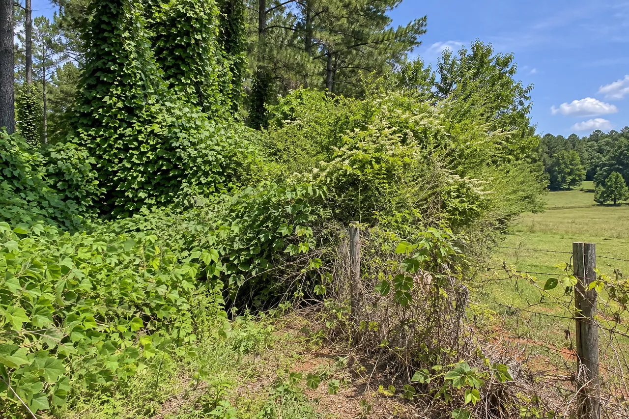 Woods edge buried under kudzu, with a wall of privet and honeysuckle swallowing an old wire fence along a pasture