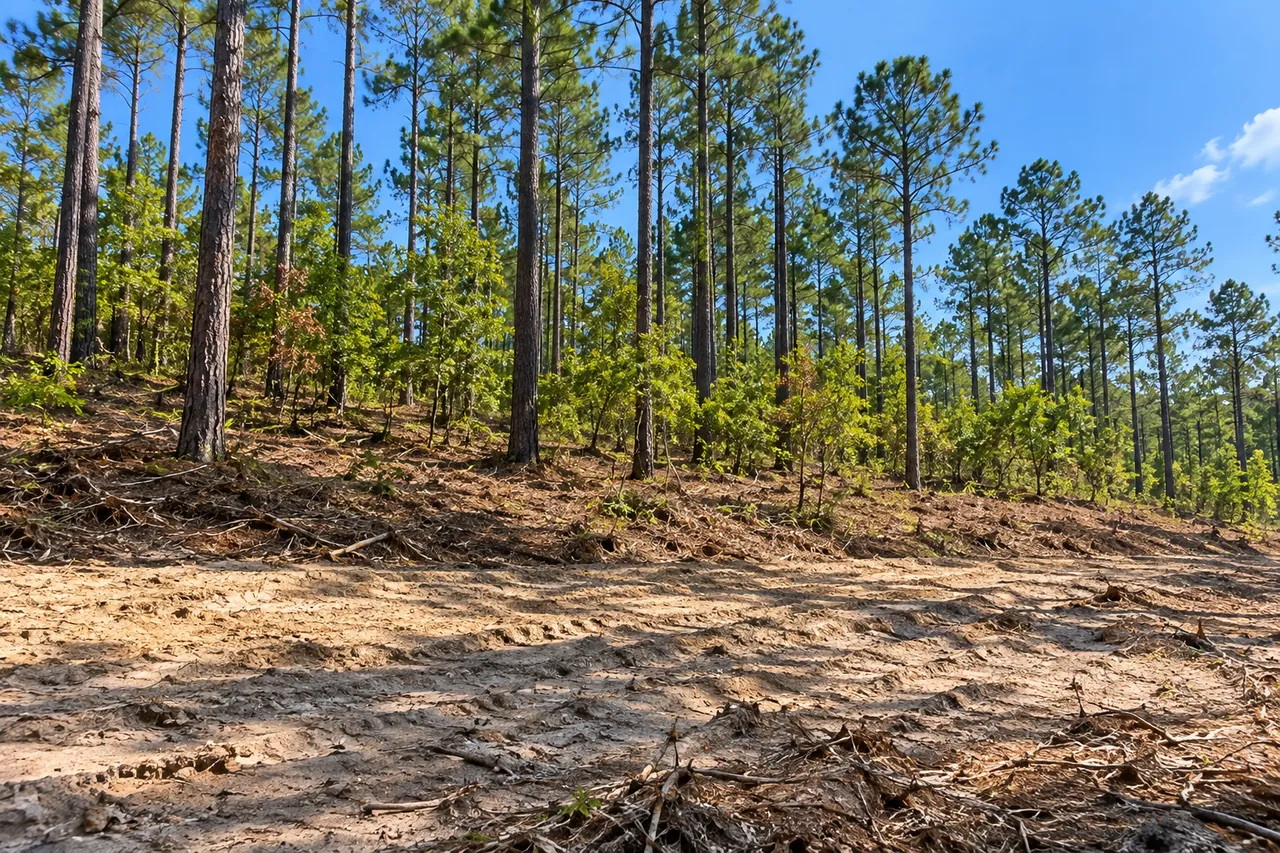 Sandy ridge of longleaf pines over small turkey oaks, with a cleared strip of loose gray-tan sand in front