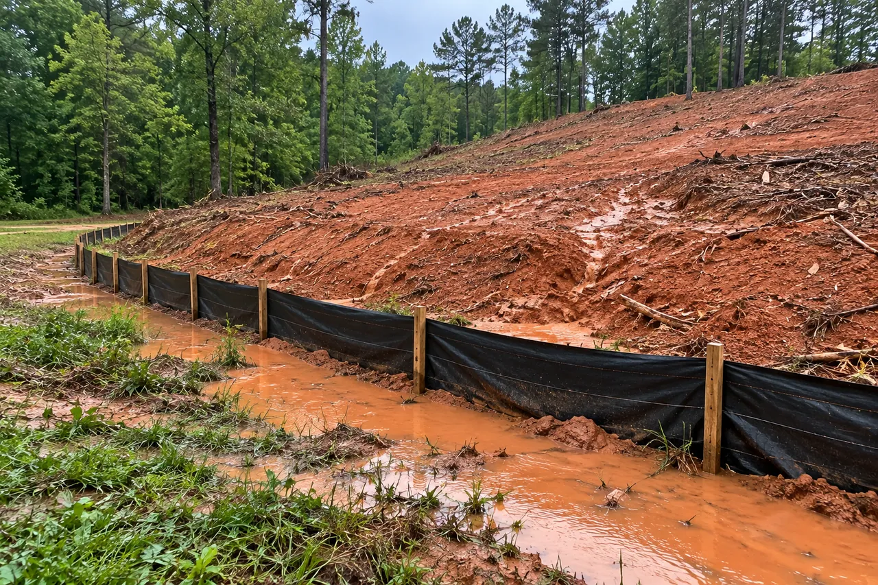 Black silt fence at the bottom of a cleared red clay slope after rain, with muddy runoff along it