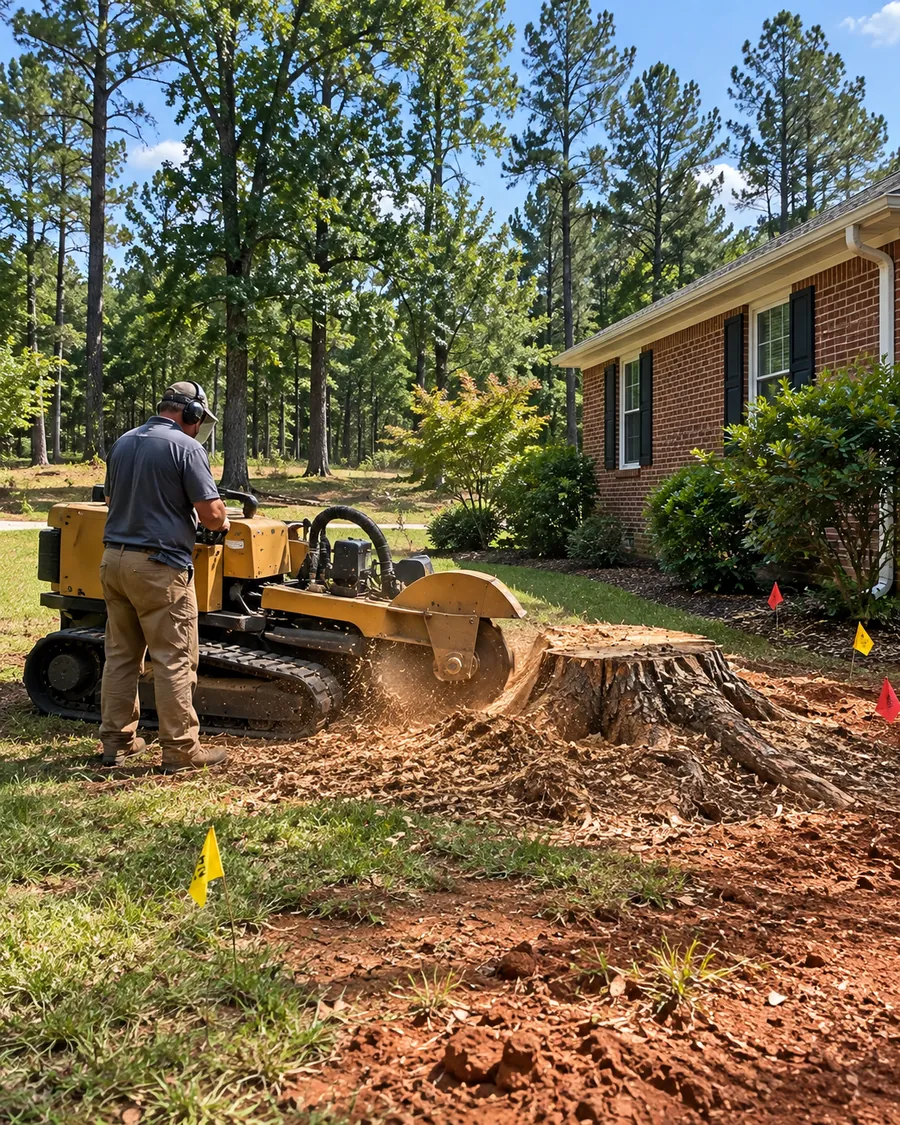 Worker grinding an oak stump beside a one-story brick house, with utility flags in the grass and pines behind