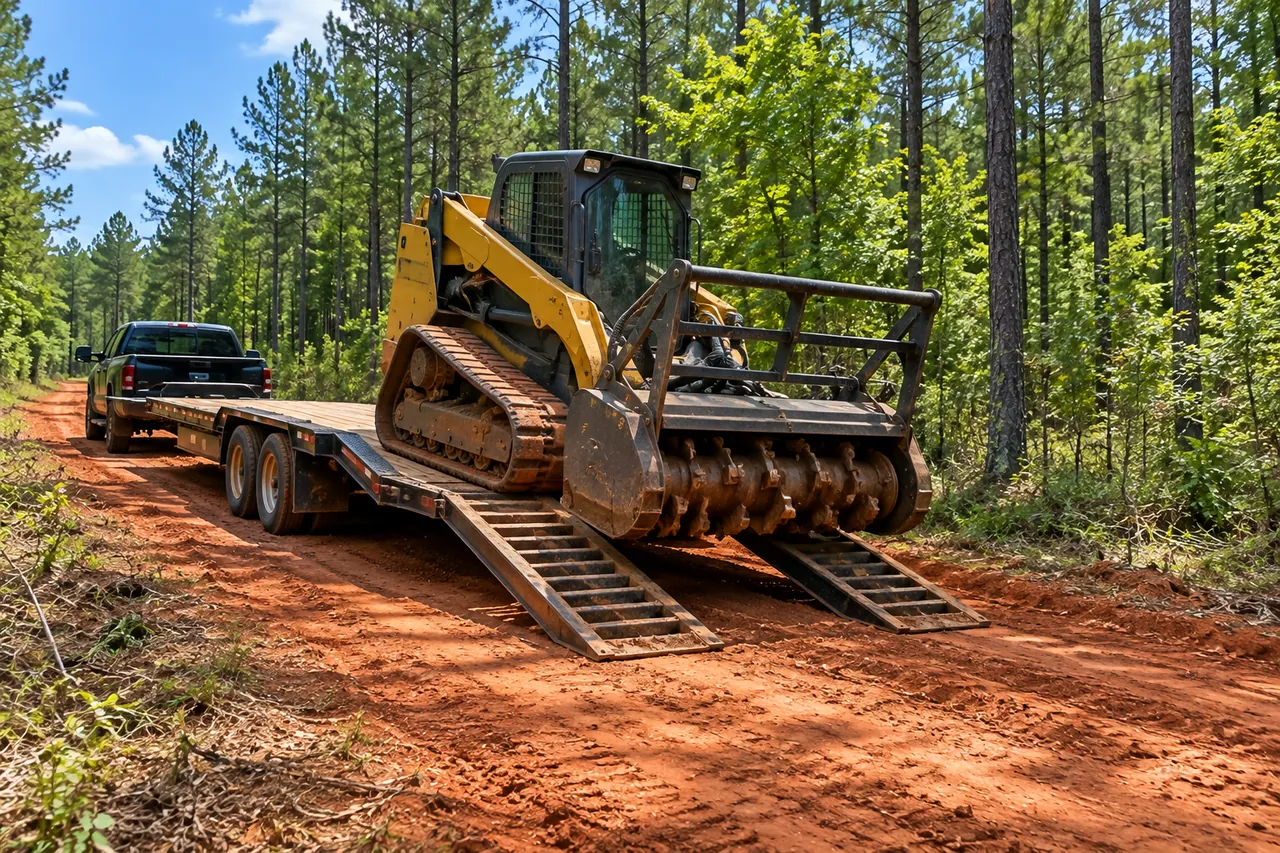 Compact track loader with a mulching head on an equipment trailer, ramps down, on a red clay farm road through pines